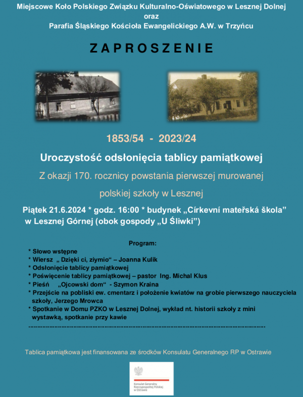 Uroczystość odsłonięcia tablicy pamiątkowej w szkole w Lesznej Górnej 1853/54 - 2023/24